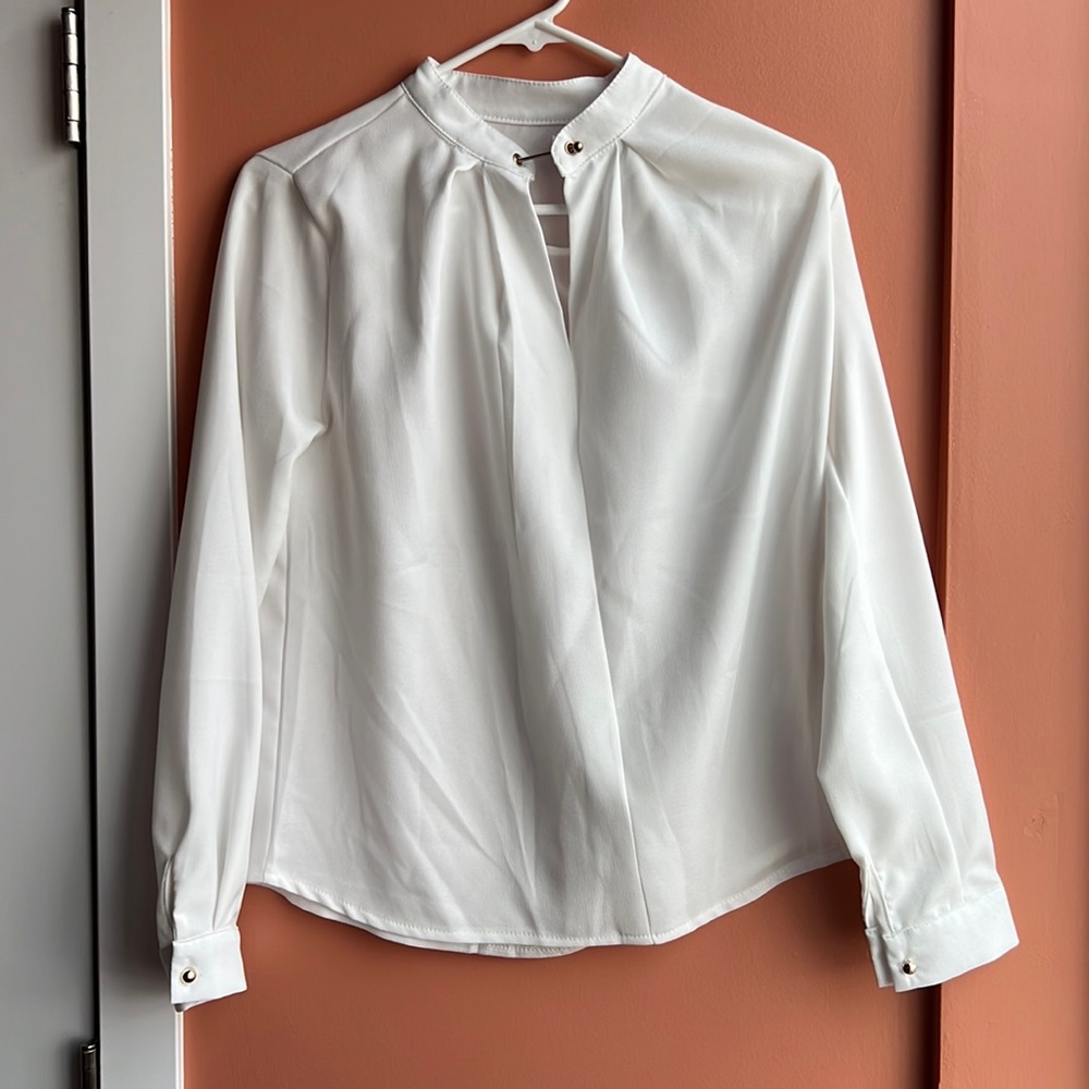 White Blouse with Gold Bar/Button Accents
